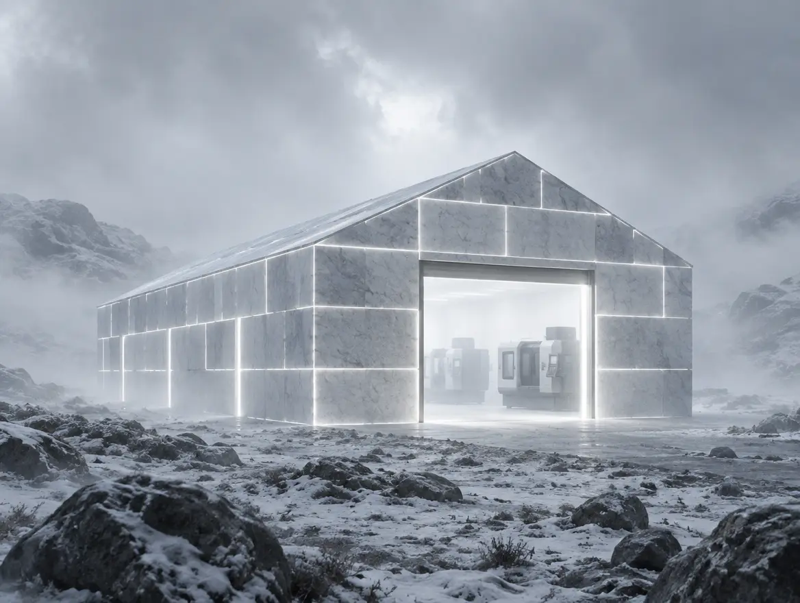 A factory shed built from glowing stone blocks in a misty landscape