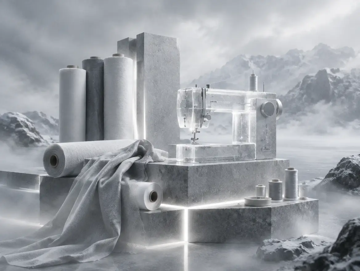 Fabric bolts and a sewing machine sculpted in frosted glass