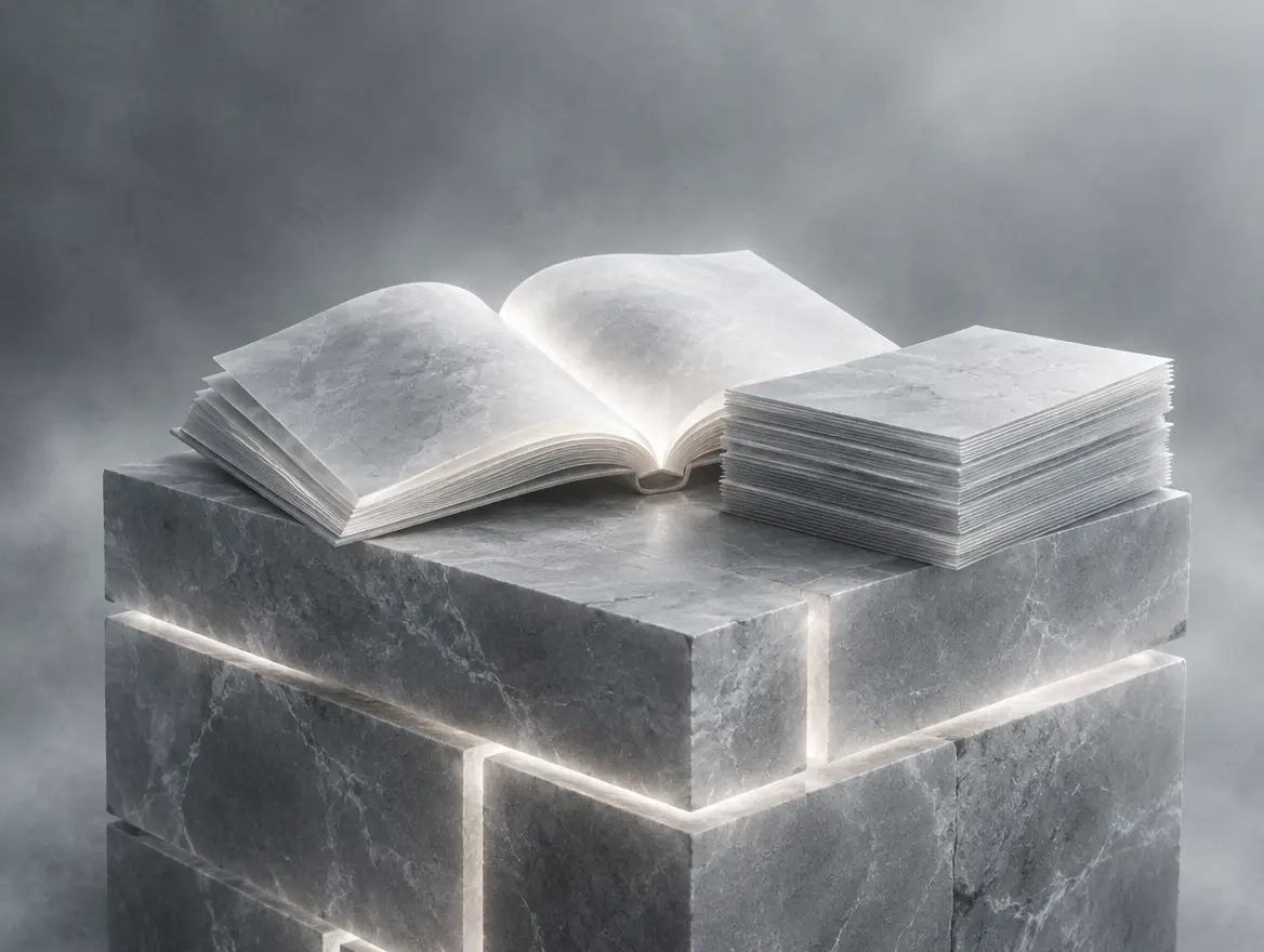 A ledger book and invoices carved from frosted marble