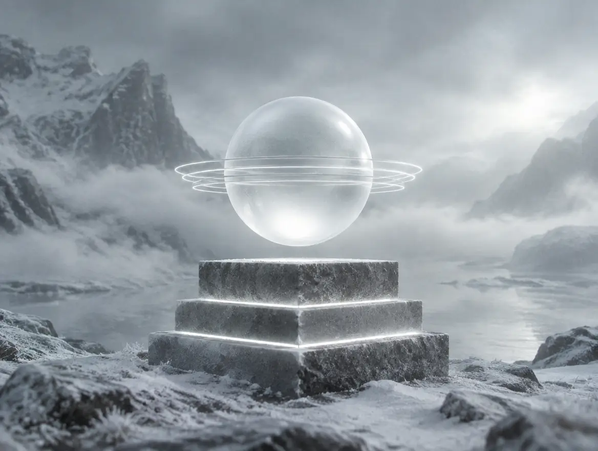 A luminous glass orb floating above stone blocks