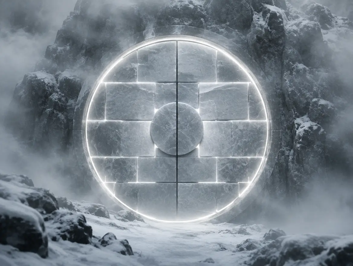 A vault door of glowing stone blocks set into a misty rock face