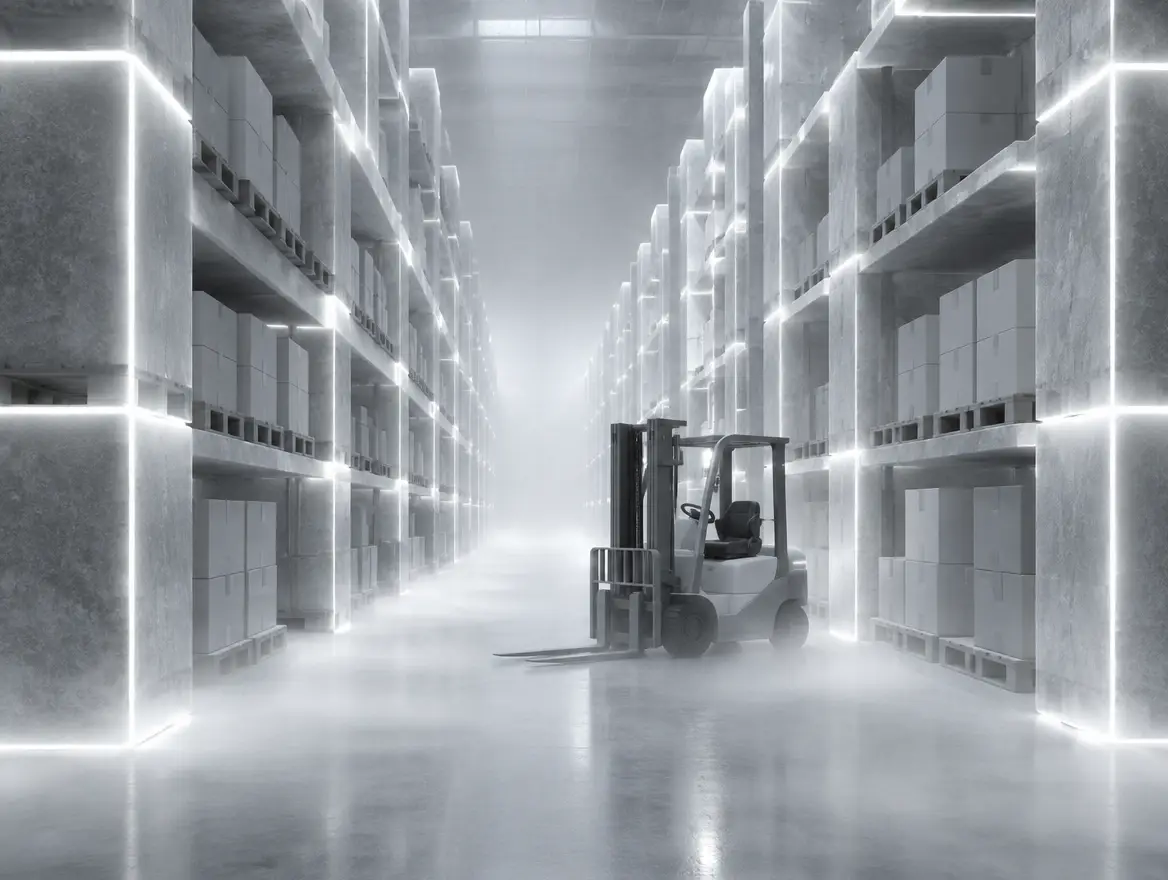 Warehouse racks of glowing stone blocks in fog