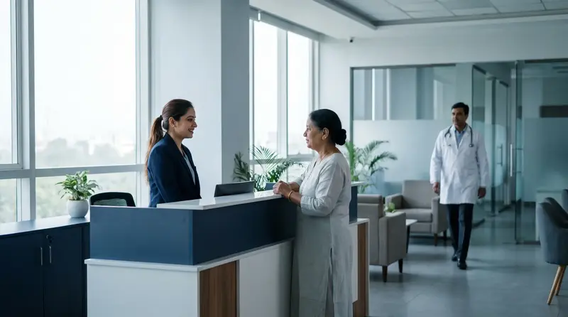 A clinic receptionist helping a patient, with a doctor walking past