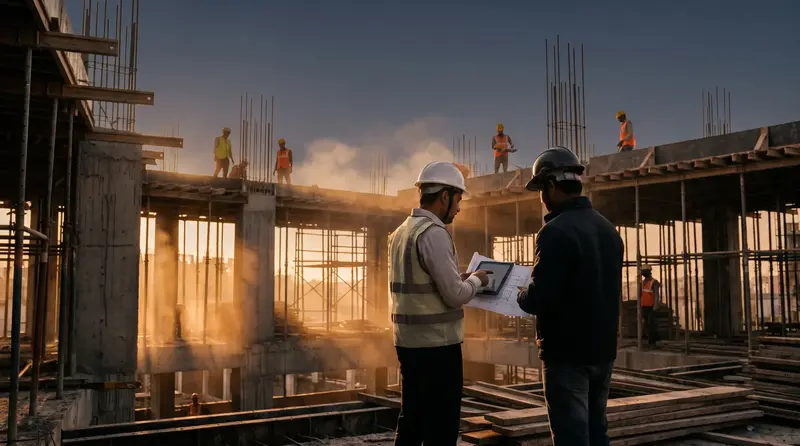 A site engineer and a contractor reviewing drawings at a construction site