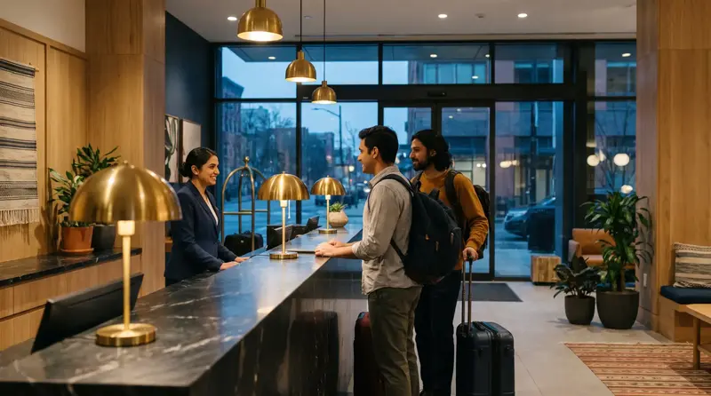 A hotel receptionist checking in guests at the front desk
