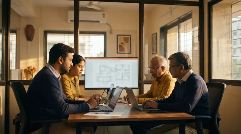 A project team reviewing a plan on a large screen