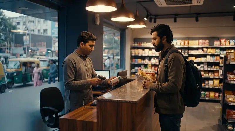 A cashier scanning a product at a store billing counter