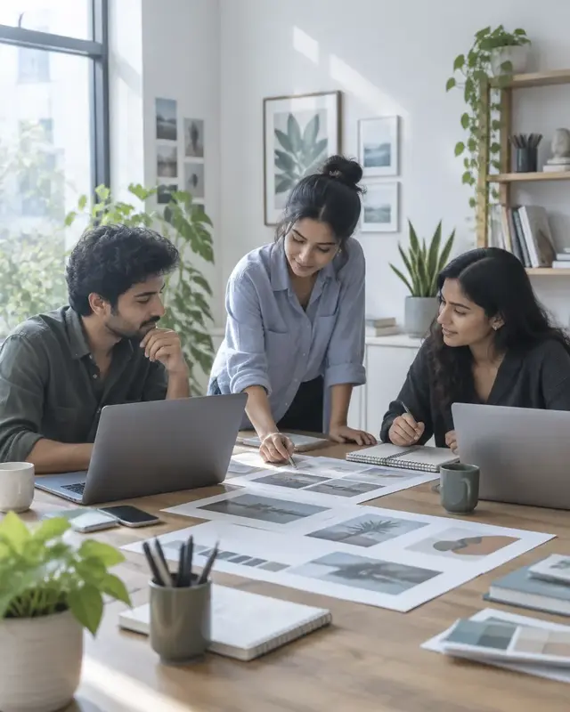 A small creative team working together at a desk