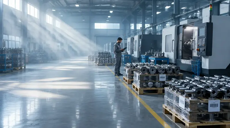A clean factory floor with CNC machines