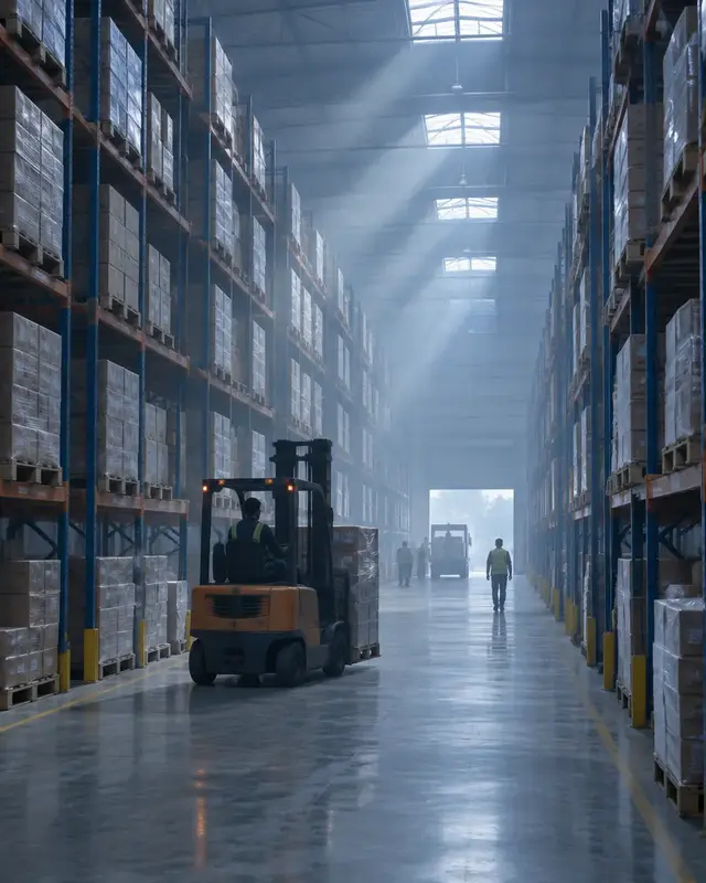 Tall racks in a distribution warehouse