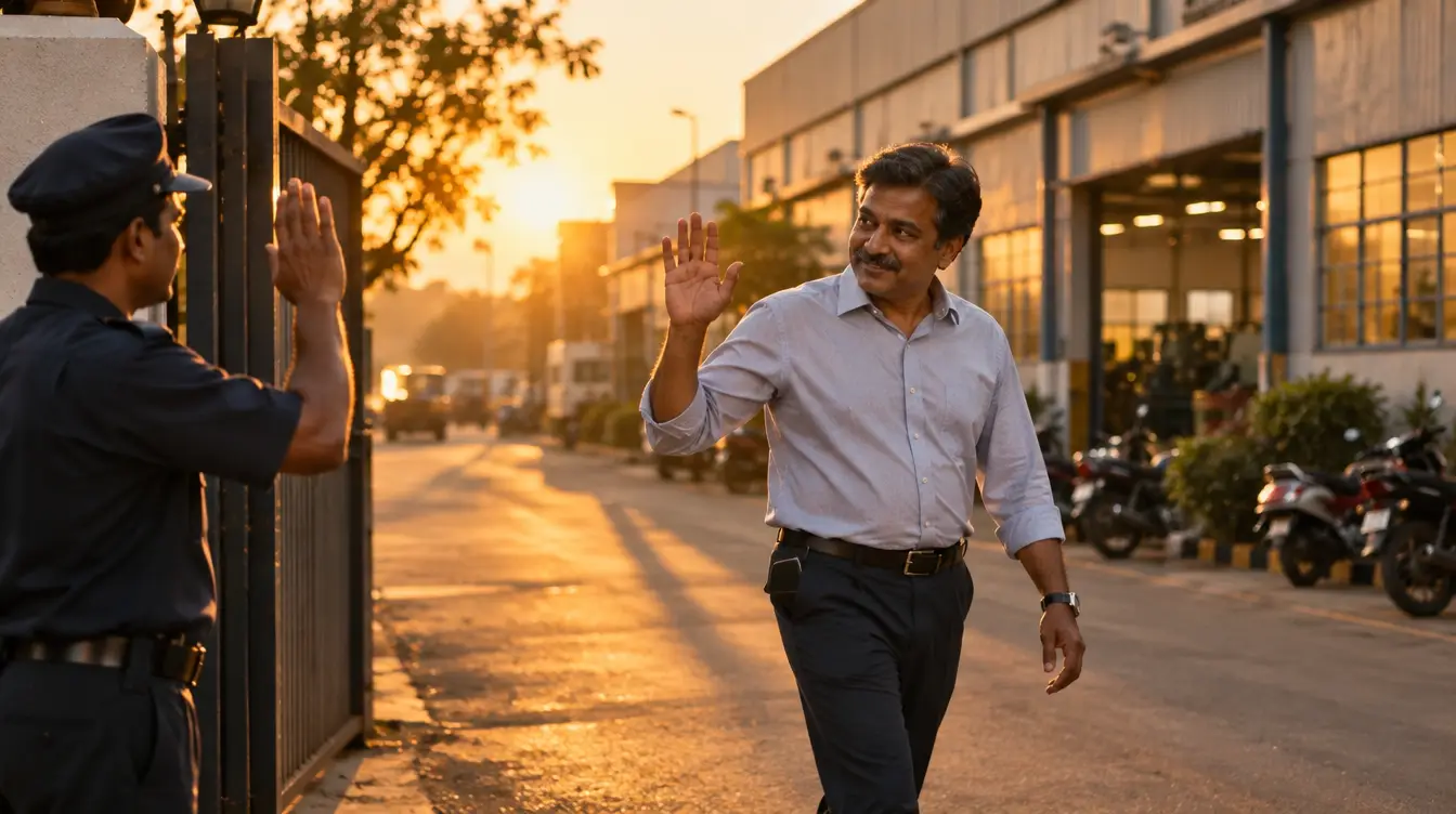 A factory owner walking out of his factory gate at sunset
