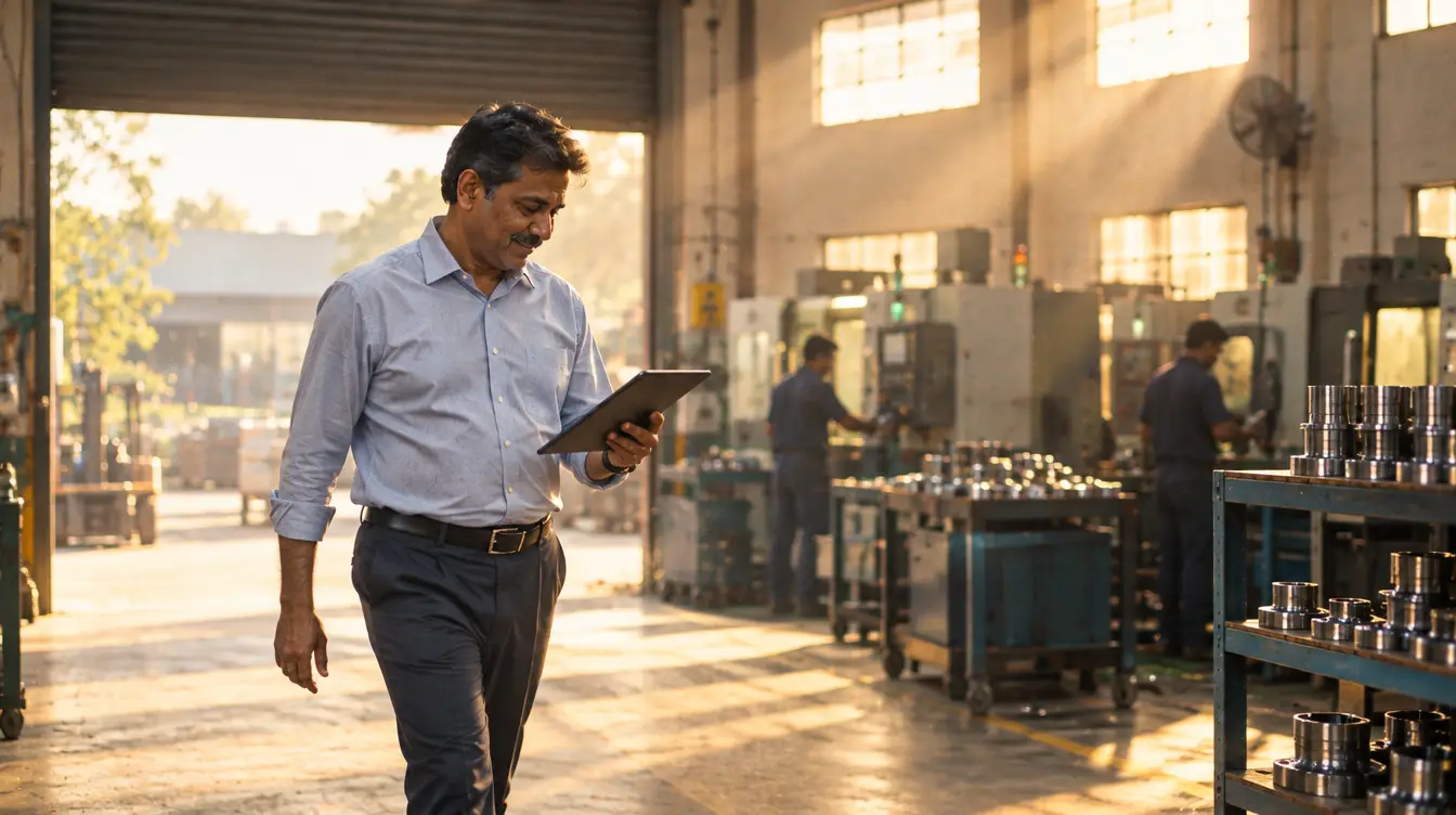 A factory owner walking into his factory on a Monday morning, reading a tablet