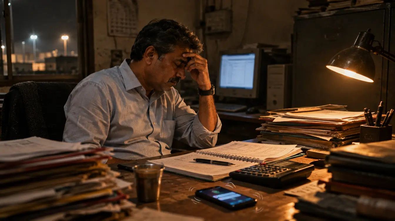 A factory owner at a cluttered desk late at night, surrounded by bills and files