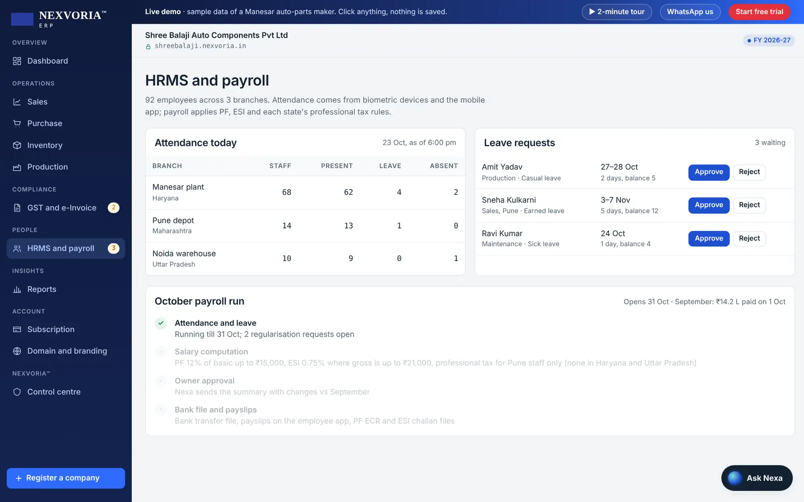 HRMS and payroll screen with attendance and leave requests