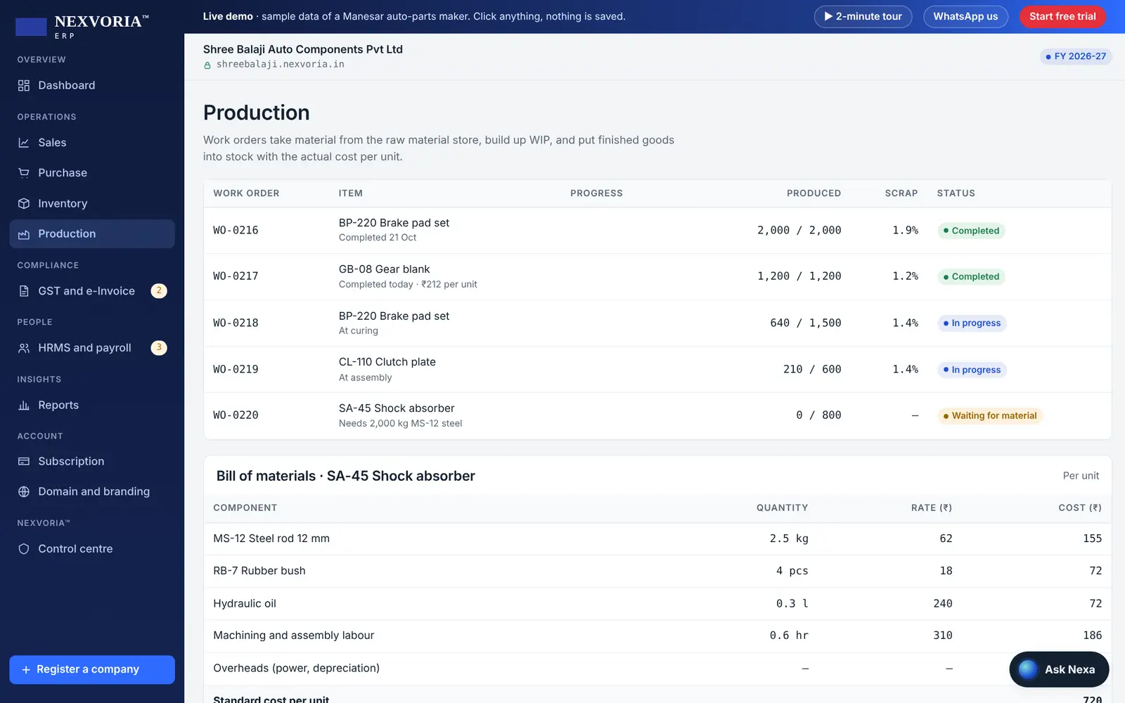Production orders with progress and a bill of materials