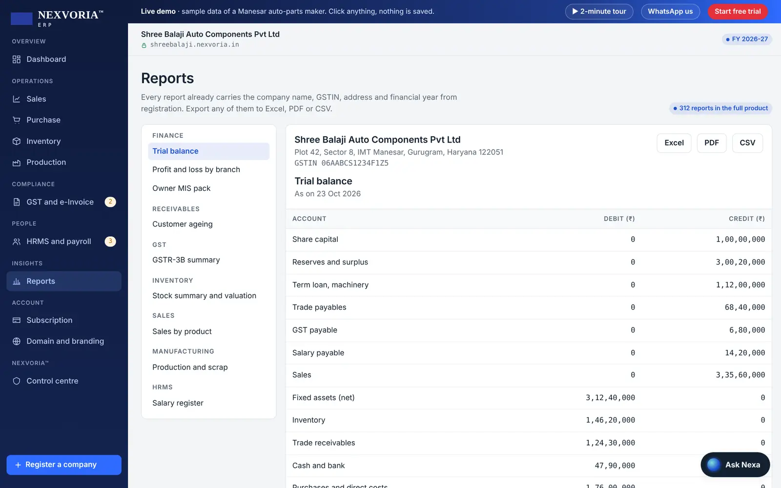 Reports screen with a trial balance